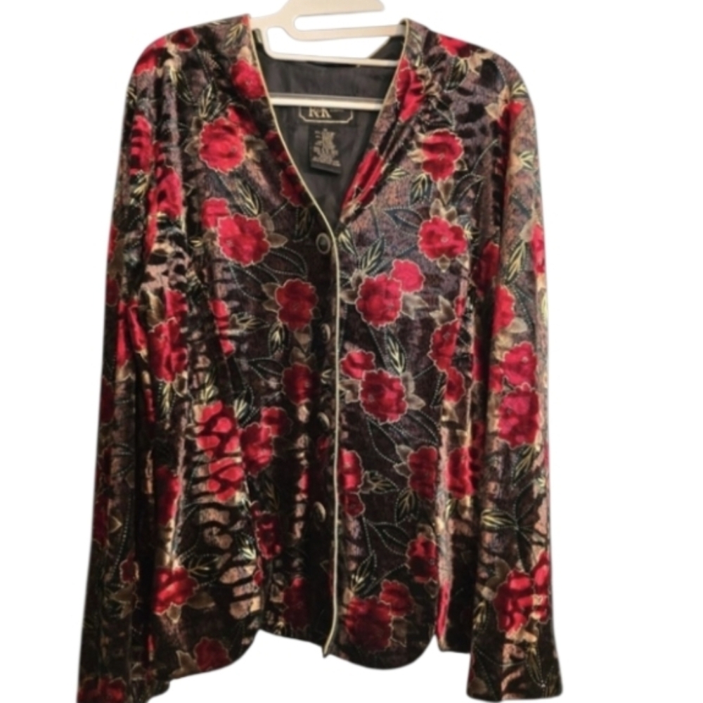 R & K Evening Vintage Velvet Black & Red Floral Jacket Size 14 in EUC